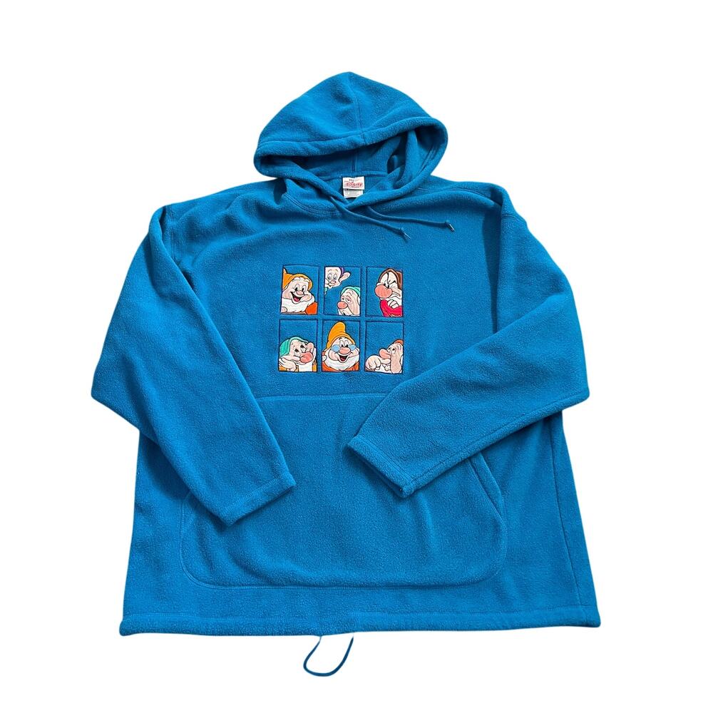Vintage 1990's DisneyEmbroidered Seven Dwarfs Fleece Blue Hoodie Size Large